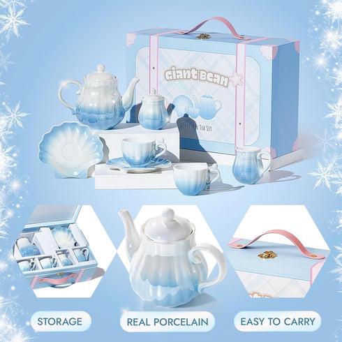 Set, Set Giant bean Porcelain Tea Gradient Blue Real Tea Party for Little Girls, British Royal Princess Series Teapot