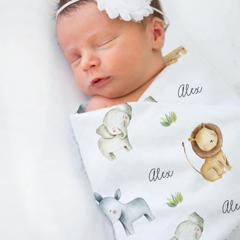 Stork Wares BB348 30*40 inch Safari Animals Personalized Unisex Baby Swaddle Blanket White