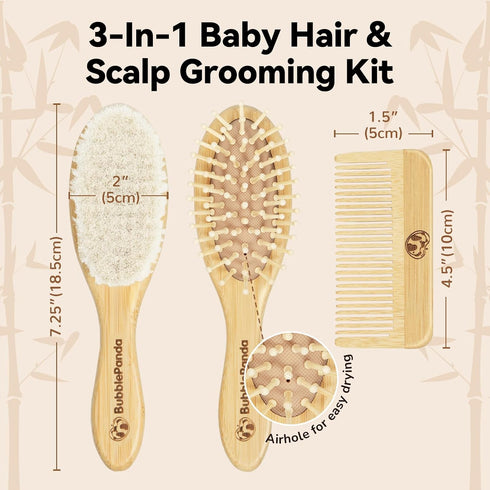 BubblePanda Set Baby Hair Brush and Comb Ultra Soft Goat Hair Bristles, Natural Bamboo Baby Brush for Cradle Cap