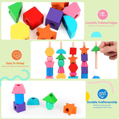 JRUXJWI Set 3 4 5, Montessori Wooden Threading Beads for Toddlers Bead Sequencing & Stacking Toy with Pattern Cards