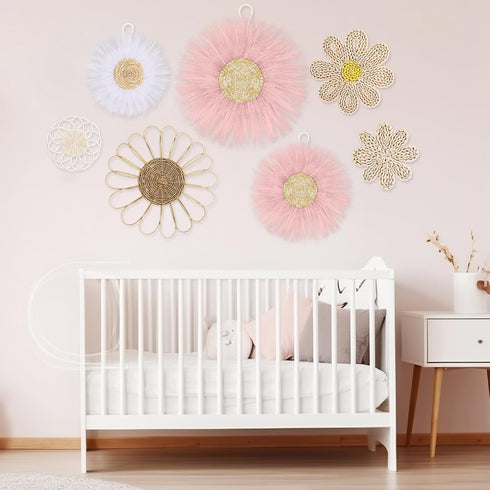 7 Chunful Pcs Boho Wall Basket Decor Rattan Flower Wall Decor Nursery Daisy Flower Woven Macrame Hanging Flowers