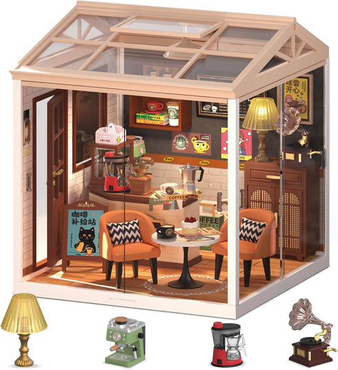 DIY Retro Coffee Shop Miniature House Kit, 115 Pieces Mini Dollhouse with