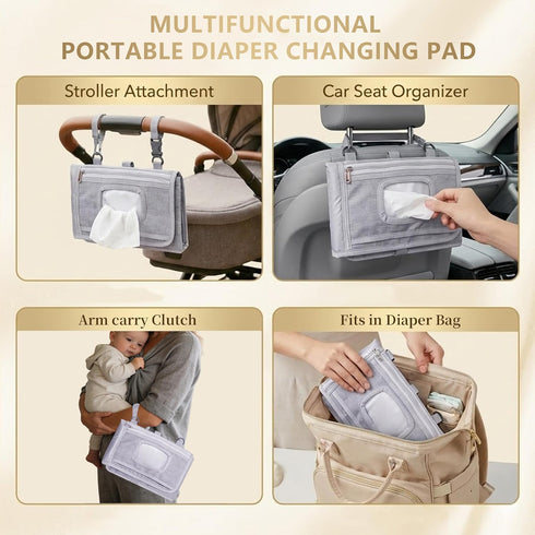 Large Portable Diaper Changing Pad - Waterproof Foldable Baby Travel Changing Mat with Storage Pockets & Wipes Bag