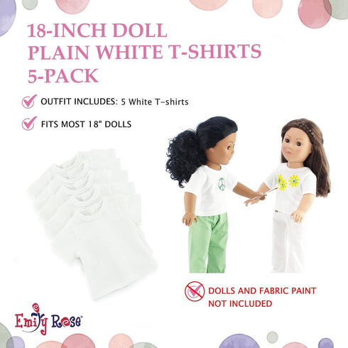 5-Pack 18 Inch 80/20 Emily Rose White Doll T-Shirts - Cotton/Poly | Doll Clothes Wardrobe Basics Fits American Girl