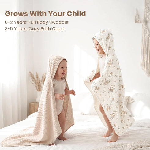 2-Pack 100% Blossom,32" 32") Konssy Muslin Hooded Baby Towels, Cotton, Ultra-Soft & Absorbent Baby Bath Towels