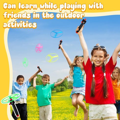 Flying Disc Helicopter Toy Disco Flyers, 12 String Launchers and 24 Flying Discs for Outdoor Fun