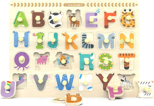 Wooden Peg Puzzle for Toddlers, Alphabet Learning Toys, Chunky ABC Shape Puzzles for Kids, Preschool Knob Puzzle