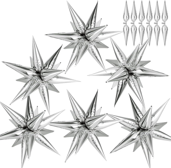 74 PCS Silver Star Balloons, 12 Point Foil Mylar Spike Cone Balloons for Party Decorations, Birthday, Wedding, Baby