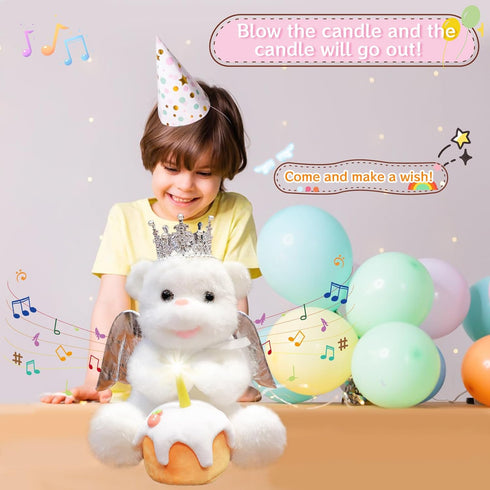 Voice Recorder Singing Angel Teddy Bear with Flapping Wings, LED Candle Light, Plush Interactive Toy for Kids