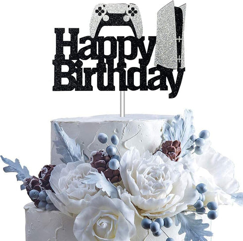 Game Controllers Happy Birthday Cake Topper - Glitter Gaming Cake Decoration for Boys Video Game Party