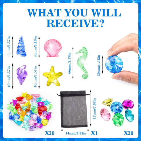 60pcs Set Diving Gems Pool Toys, Colorful Acrylic Diamond Pirate Treasure and Mermaid Pool Play with Mesh Bag