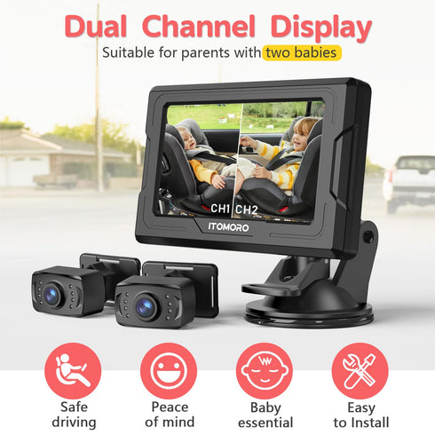 1080P 2 4.3'' Itomoro Baby Car Camera HD Dual-Channel Display Car Baby Camera with IR Night Vision Camera, Easily
