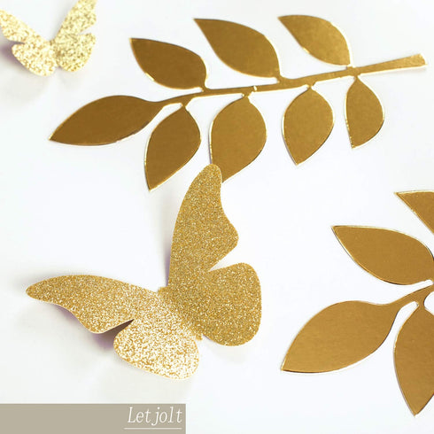 Paper Leaves Set Decor, Golden Decorations for Family Tree Photo Wall Crafts, 16pcs Glitter Butterfly Baby Shower