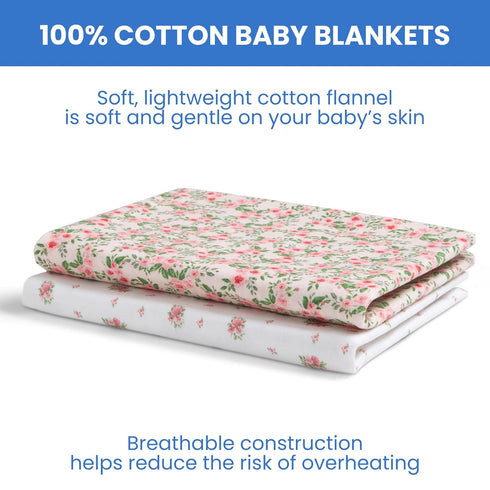 Delta Children 100% Cotton Flannel Baby Receiving Blankets for Girls and Boys, 30x30 Inches (Pack of 2), Pink Floral
