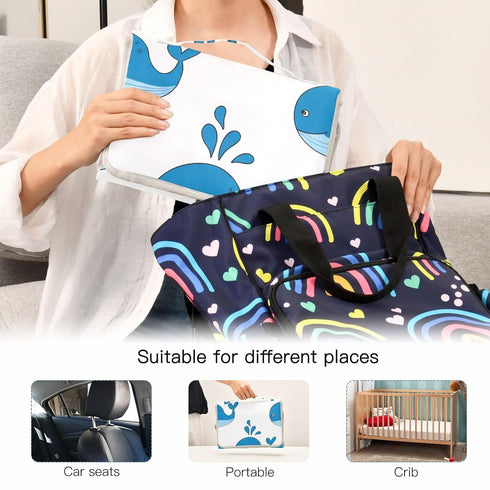 WELLDAY Cute Blue Whales Portable Diaper Changing Pad - Waterproof Foldable Baby Diaper Changing Pad with Built