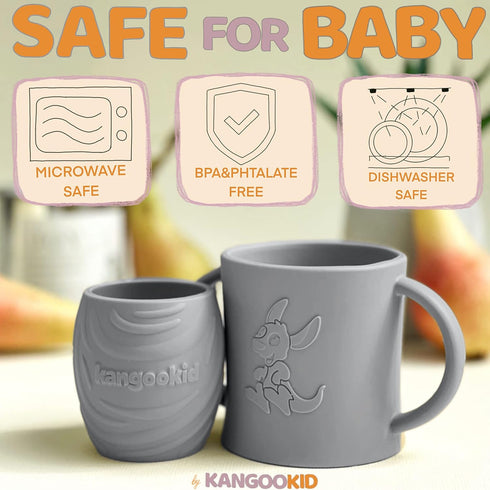 Open Cup Set for Baby, 2 Handled Tiny Cups for Toddlers, Transitional Silicone Cup for 6+ Months (Cool Grey)