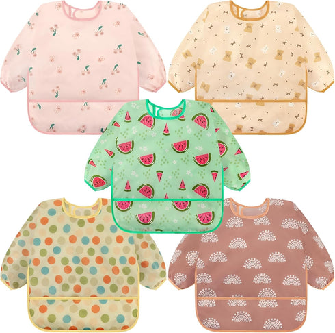 Accmor 5 Pack Long Sleeve Bibs, Baby Smock Waterproof Sleeved Bib Smock