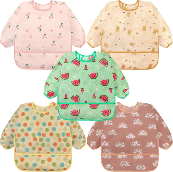 Accmor 5 Pack Long Sleeve Bibs, Baby Smock Waterproof Sleeved Bib Smock