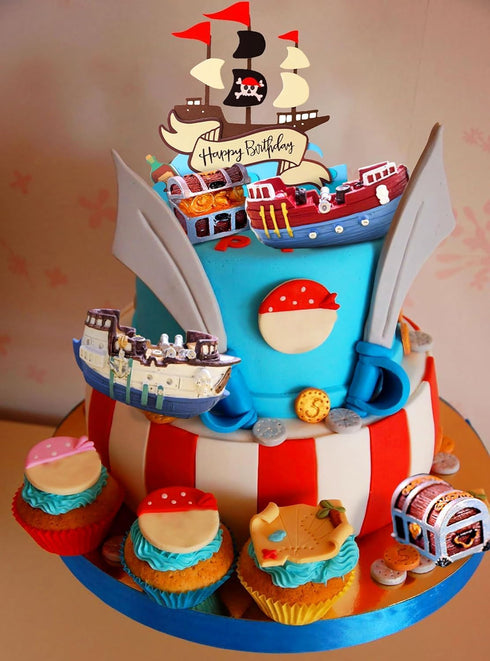 Sailboat Set Pirate Ship Cake Topper Nautical Model Decoration Gold Coins and Pirate Gems Pirate Treasure Chest Compass