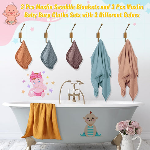 Sublaga 3Pcs 47x47 3Pcs 20x10 Baby Muslin Swaddle Blankets for Boys Girls + Muslin Baby Burp Cloths, Baby Swaddle
