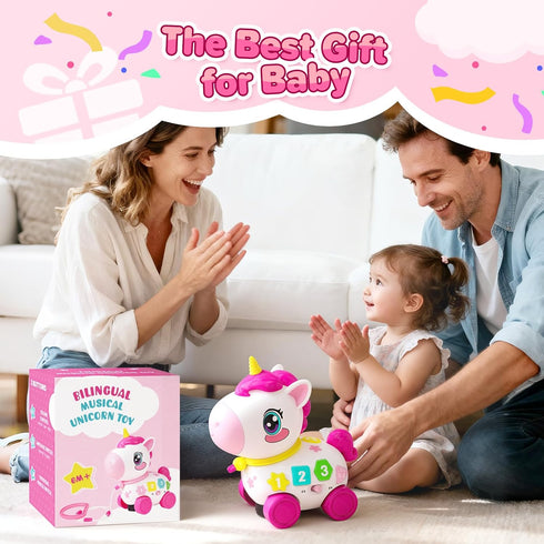 MOISTAR 1 6-12 6-12-18 Bilingual Musical Crawling Toy for Year Old Girl Gifts,Musical Unicorn Toys for Baby Months,Baby