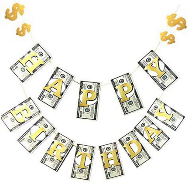 Money Dollar Bill Signs Theme Paper Happy Birthday Banner, Bill Pennant Banner Party Decorations