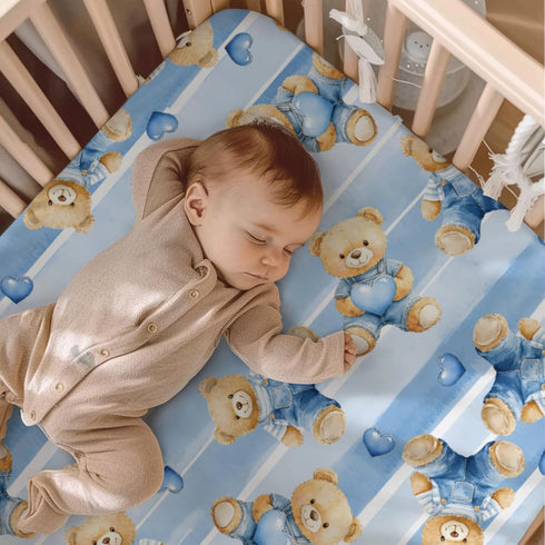 KuphiL10C Mattress-28x52 Cute Cartoon Bears Heats Stripes Pattern Baby Sheets for Crib, Unisex Bear Nursery Fitted Bed