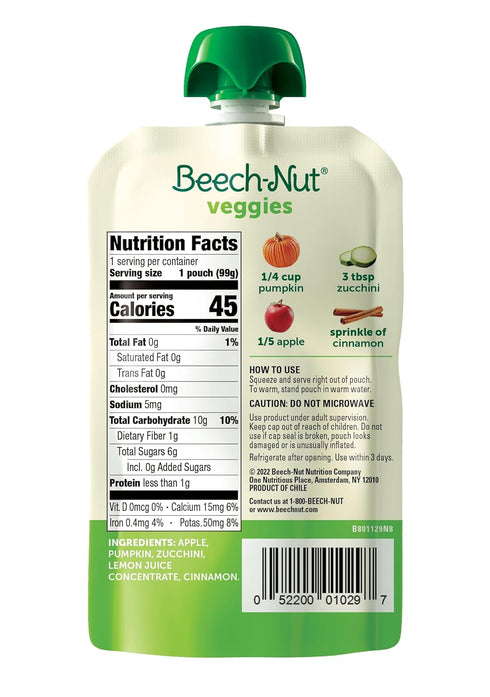 Beech-Nut Baby Food Pouches, Pumpkin Zucchini Apple Veggie Puree Baby & Toddler Food, 3.5 oz (12 Pack)
