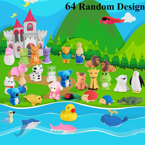 64Pcs Animal Erasers, Kids Pencil Eraser, 3D Bulk Mini Take Apart Puzzle Erasers, Classroom Rewards, School Supplies
