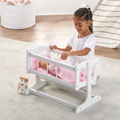 Badger Basket Heirloom Style Doll Bed with Gingham Bedding for 20 inch Dolls - White/Pink