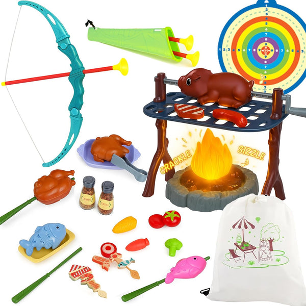 Kids Camping Toys: Pretend Campfire/BBQ Grill Toys & Bow and Arrow Game