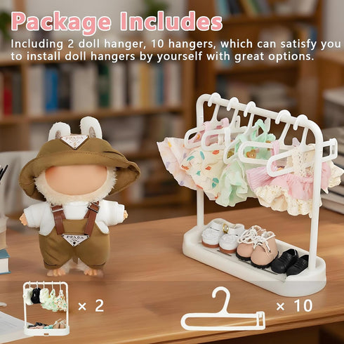 Satakara Set 2 10 Doll Clothes Hanger & Rack - Stands + Hangers, Durable Plastic Dolls Wardrobe Organizer for Dollhouse