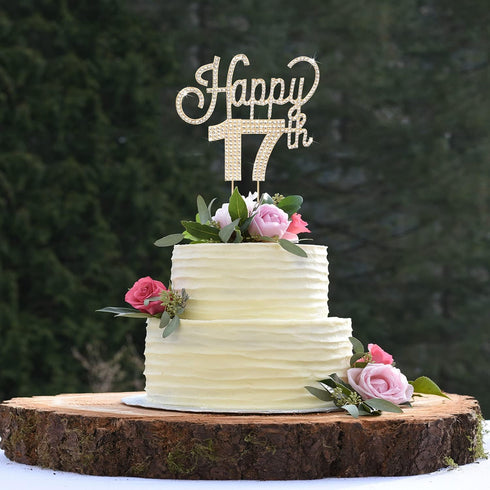 LINGTEER Happy 17th Birthday Gold Rhinestone Cake Topper - Cheers to 17th Birthday Party Centerpieces Decorations
