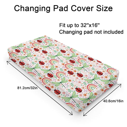 Spring Garden Dragonfly Changing Pad Cover, Boho Retro Flowers Leaves for Boy Girl, Soft Stretch Fitted 32''x16''