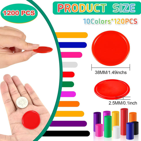 Coopay 1200 Pcs 1.5 Inch Plastic Poker Chips, Bingo Chips, 10 Colors Counting Discs for Math Practice & Games, 38 mm