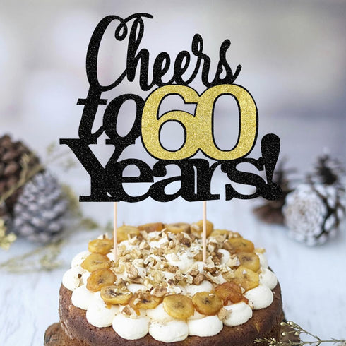 LVEUD Black Font Golden Numbers Cheers to 60 Years Happy Birthday Cake Topper - Wedding, Anniversary, Birthday