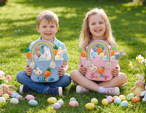OXYEFEI Personalized Easter Basket for Kids,Custom Cute Easter Rabbit Carrot Cotton Woven Basket with Name,Egg Hunts