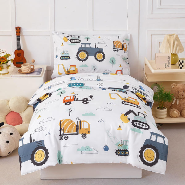 PERFEMET Car Printed Toddler Comforter Set, 4 Pieces Toddler Bedding Sets for