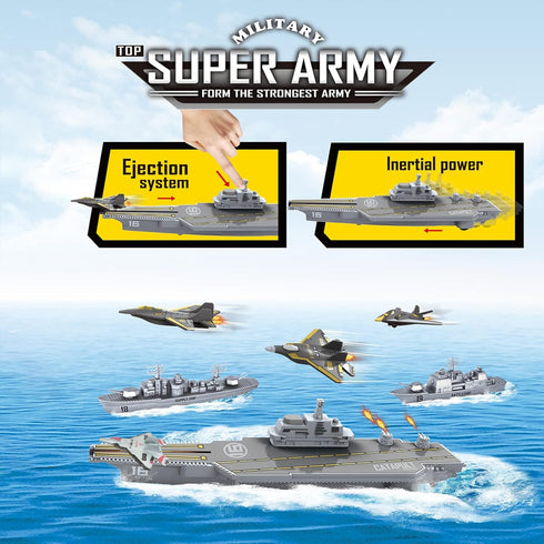 WASK Army Toys for Boys - Military Aircraft Carrier Toys Set with Battleship, Fighter Jets, Cool Toys for Girls