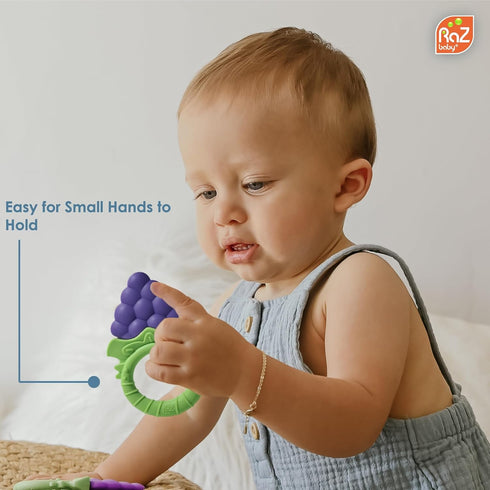 RaZbaby Fruitique Infant & Baby Massager & Teether Toy 3-Pack, Fruit-Shaped Multi-Texture Teethers Soothe Sore Gums, Non-Toxic BPA-Free Food-Grade Silicone, Hands-Free & Easy to Hold, 3M+