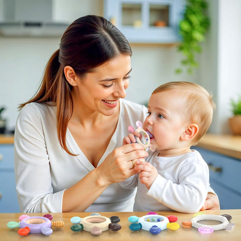 akolik 0 3 6 9 12 18 Teething Toys for Babies, Baby Teethers Toy Teething Ring Silicone, Grasping Teething Toy, BPA