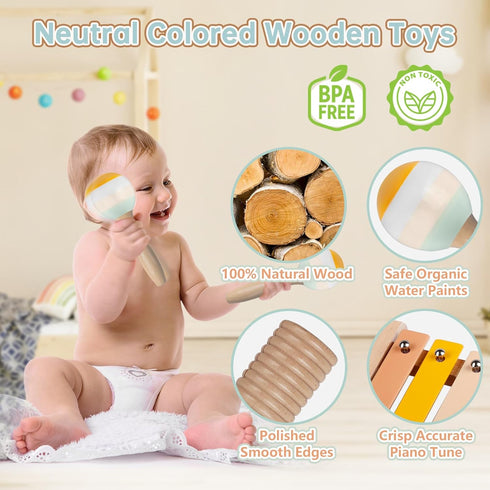 Baby Musical Instruments - Montessori Wooden Percussion Set for Toddlers 1-3, Modern Boho Xylophone Gifts