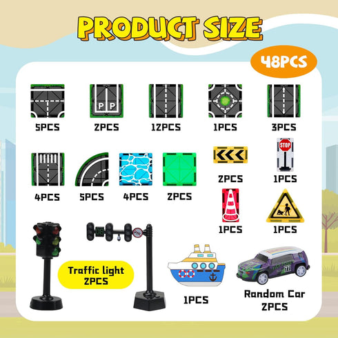 Set Pullback Set 3-5 4-8 5-7,Preschool Magnetic Tiles Road with Car & Magnet Ship,Traffic Themed Magnetic Building