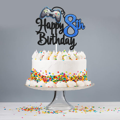 Video Game Happy 8th Birthday Cake Topper - Blue Cake Supplies for Video Game Boy's 8th Birthday Party - Game On Level