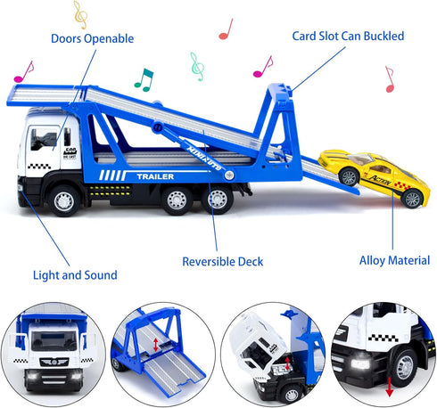 Transporter Carrier Truck Toys with 2Pcs Toy Cars Set - Pull Back Cars with Lights and Sound Trailer Vehicles for Boys