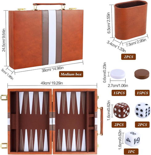 Backgammon Set for 2 Players, Classic Portable Board Game with PU Leather Case (Brown, 15inch)