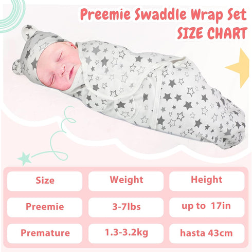 4 Pack Set 3-7 Lbs Buryeah Preemie Swaddle Blanket Wrap with Hat for Baby Boys Girls Preemie Newborn Clothes Sleepers