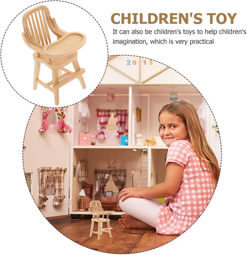 jojofuny Miniature Highchair Dollhouse Wooden High Chair 1:12 Scale Desktop Chair Accessories