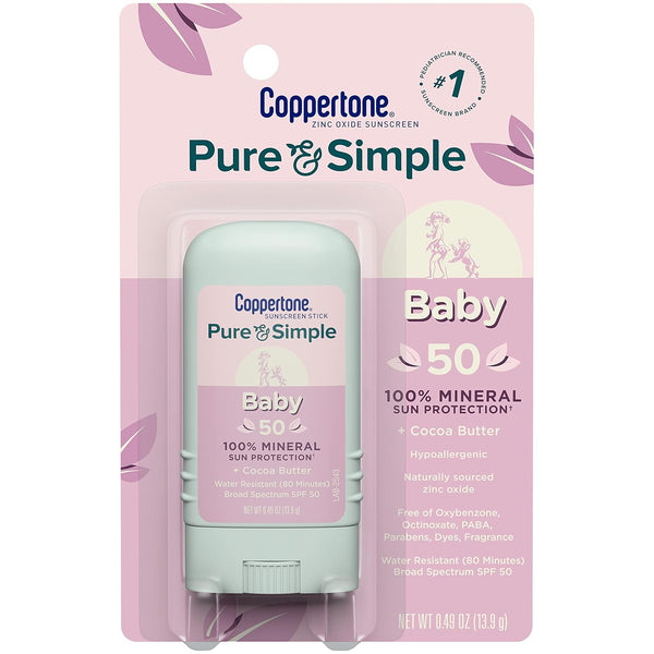 Coppertone Pure and Simple Baby Sunscreen Stick SPF 50, Zinc Oxide Mineral Sunscreen for Body and Face, 0.49 Oz