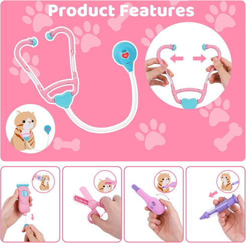 MAGIC4U 29PCS Set, 3-12 Pet Cat Care Carrier Suitcase Toy, Vet Clinic and Doctor Kit for Kids, Pet Kitty Grooming